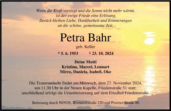 Traueranzeige von Petra Bahr von WZ/JW/AH