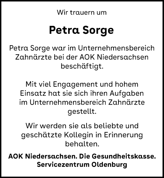 Traueranzeige von Petra Sorge von Nordwest-Zeitung