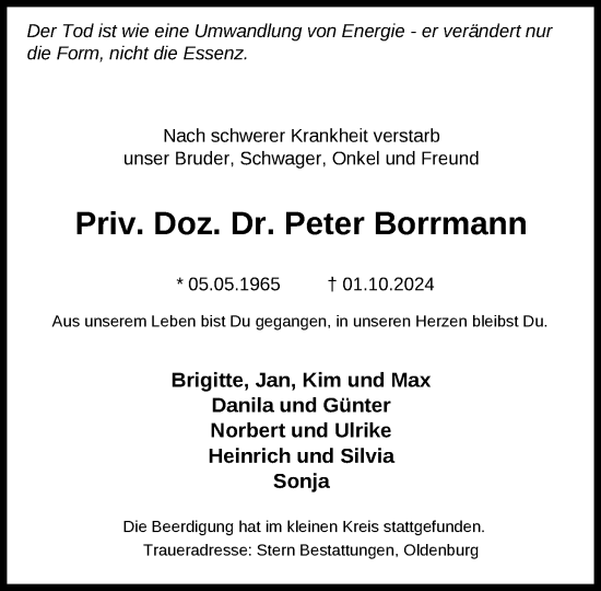 Traueranzeige von Priv. Doz. Dr. Peter Borrmann von Nordwest-Zeitung