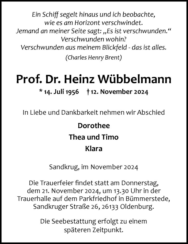  Traueranzeige für Prof. Dr. Heinz Wübbelmann vom 16.11.2024 aus Nordwest-Zeitung