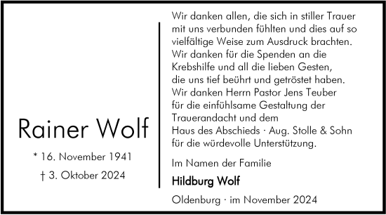 Traueranzeige von Rainer Wolf von Nordwest-Zeitung