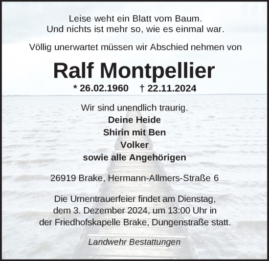 Traueranzeige von Ralf Montpellier von Nordwest-Zeitung