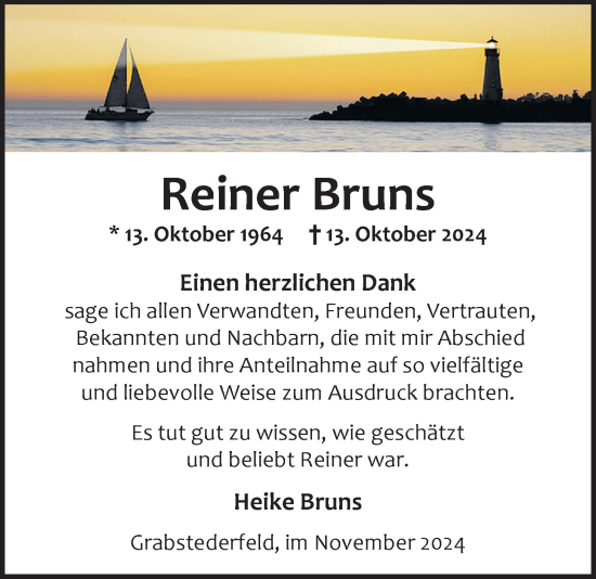 Traueranzeige von Reiner Bruns von Nordwest-Zeitung