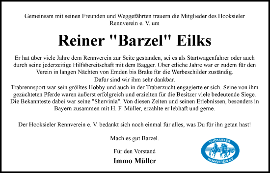 Traueranzeige von Reiner Eilks von WZ/JW/AH