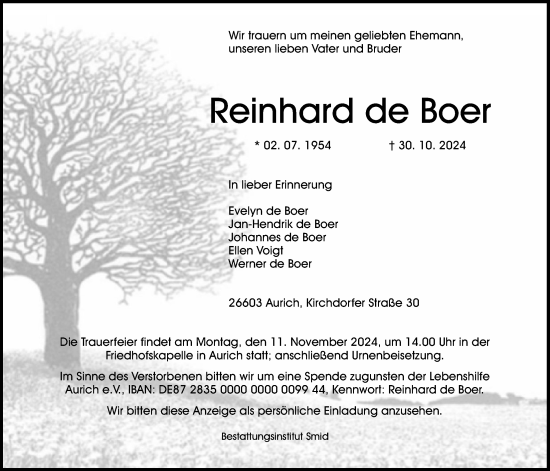 Traueranzeige von Reinhard de Boer von Emder Zeitung