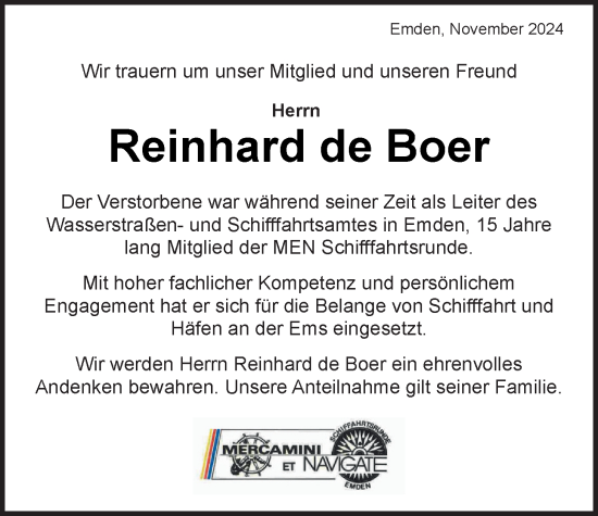 Traueranzeige von Reinhard de Boer von Emder Zeitung