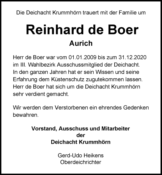 Traueranzeige von Reinhard de Boer von Emder Zeitung