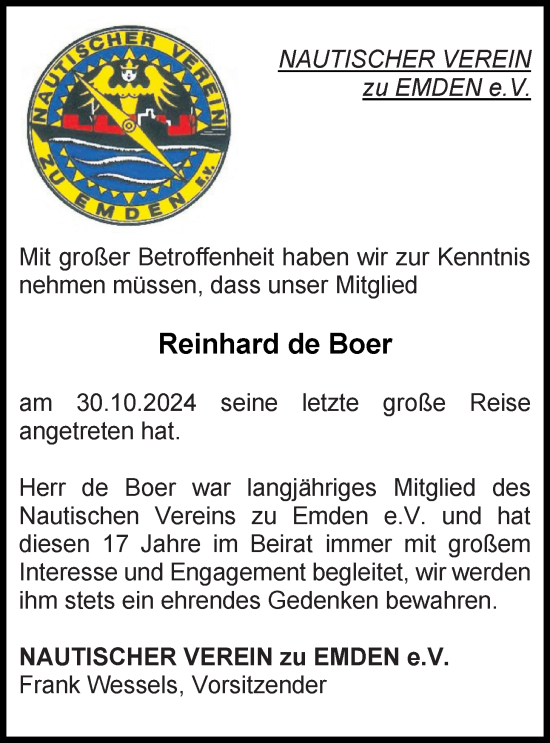 Traueranzeige von Reinhard de Boer von Emder Zeitung