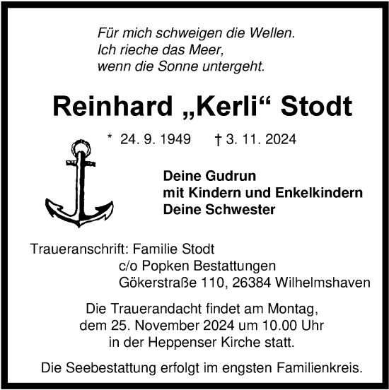 Traueranzeige von Reinhard Stodt von WZ/JW/AH