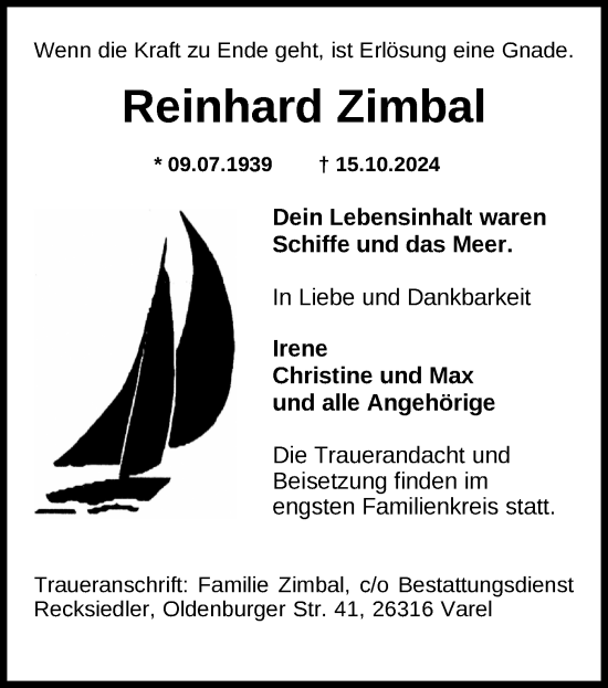 Traueranzeige von Reinhard Zimbal von Nordwest-Zeitung