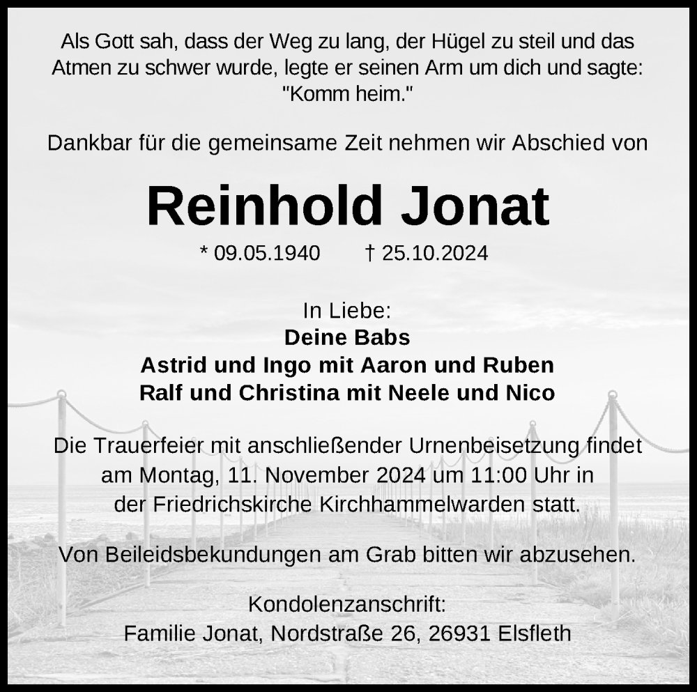 Traueranzeige für Reinhold Jonat vom 02.11.2024 aus Nordwest-Zeitung