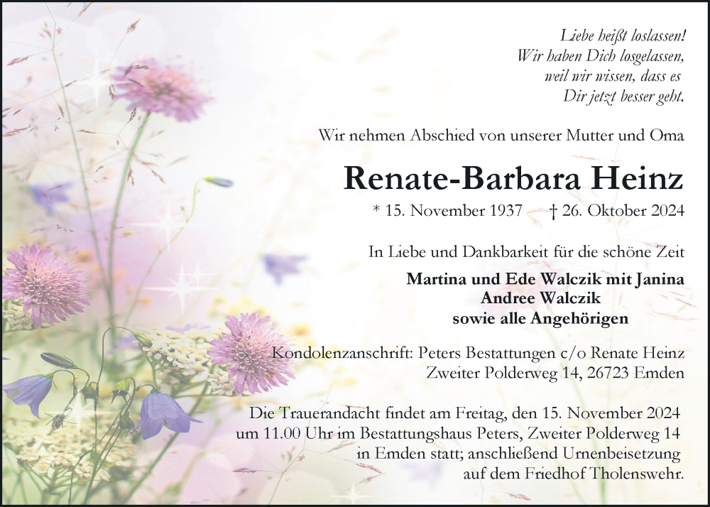  Traueranzeige für Renate Heinz vom 02.11.2024 aus Emder Zeitung