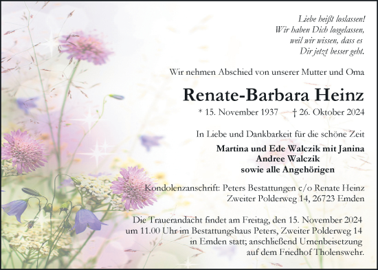 Traueranzeige von Renate Heinz von Emder Zeitung