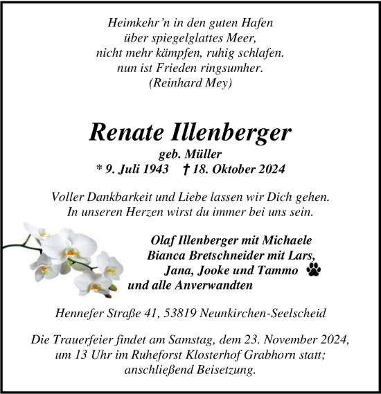 Traueranzeige von Renate Illenberger von Nordwest-Zeitung