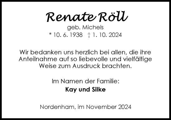 Traueranzeige von Renate Röll von Nordwest-Zeitung
