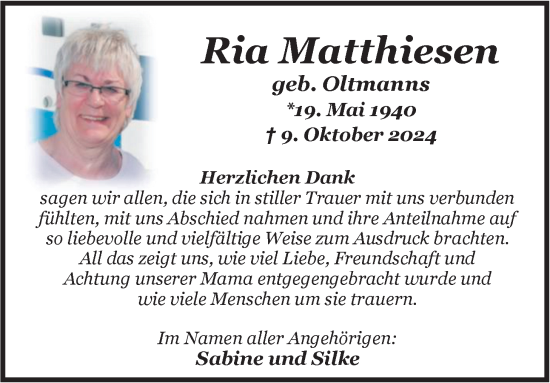 Traueranzeige von Ria Matthiesen von Nordwest-Zeitung