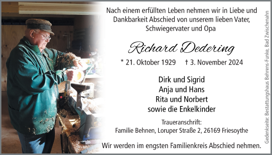 Traueranzeige von Richard Dedering von Nordwest-Zeitung