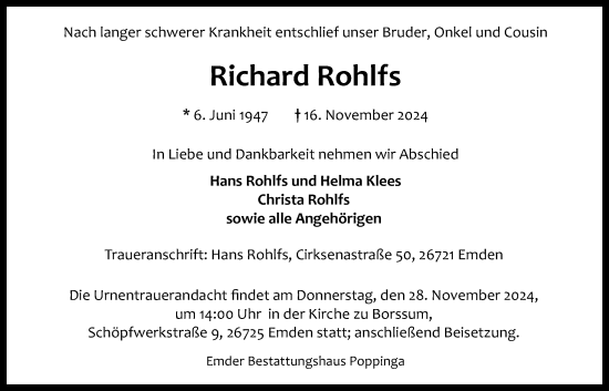 Traueranzeige von Richard Rohlfs von Emder Zeitung