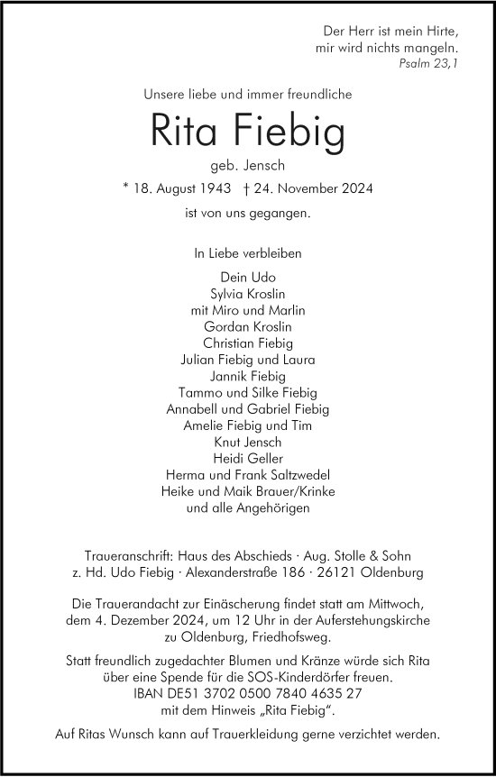 Traueranzeige von Rita Fiebig von Nordwest-Zeitung