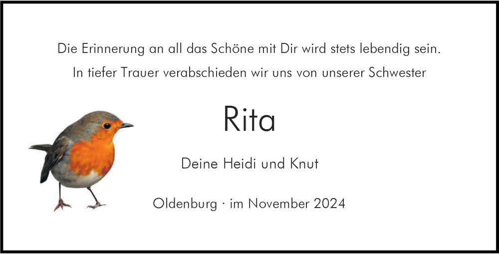  Traueranzeige für Rita Fiebig vom 30.11.2024 aus Nordwest-Zeitung