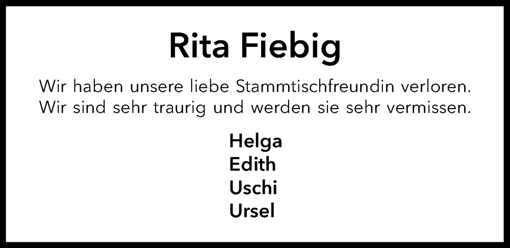  Traueranzeige für Rita Fiebig vom 30.11.2024 aus Nordwest-Zeitung