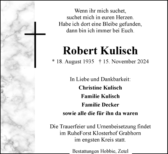 Traueranzeige von Robert Kulisch von Nordwest-Zeitung