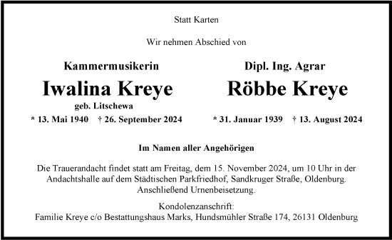 Traueranzeige von Röbbe Kreye von Nordwest-Zeitung