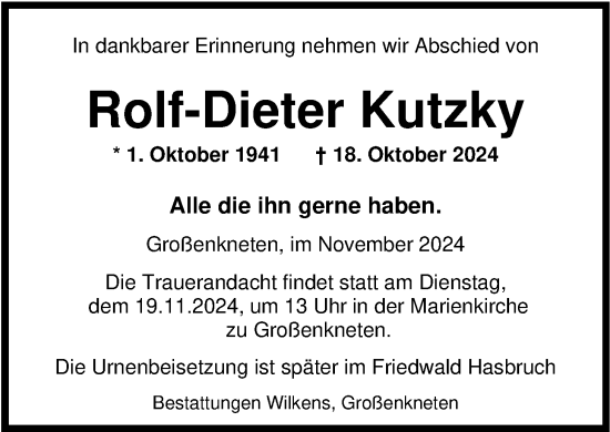 Traueranzeige von Rolf-Dieter Kutzky von Nordwest-Zeitung