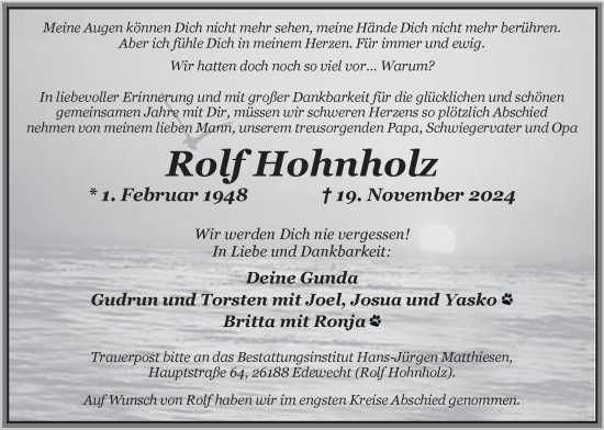 Traueranzeige von Rolf Hohnholz von Nordwest-Zeitung