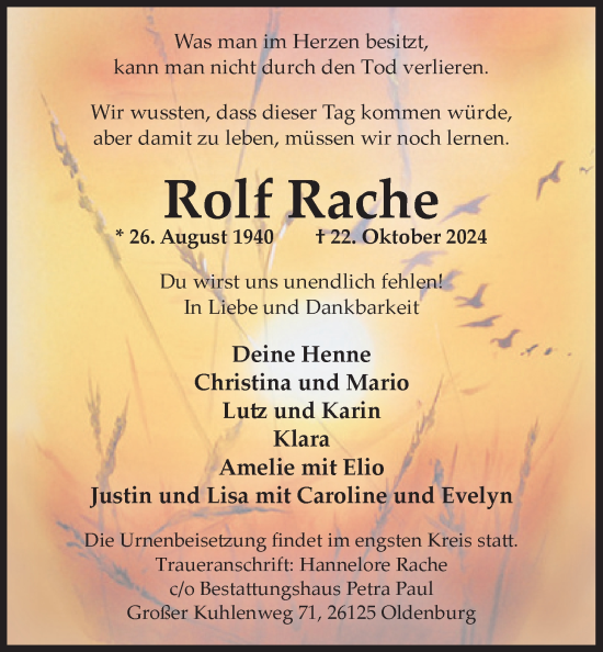 Traueranzeige von Rolf Rache von Nordwest-Zeitung