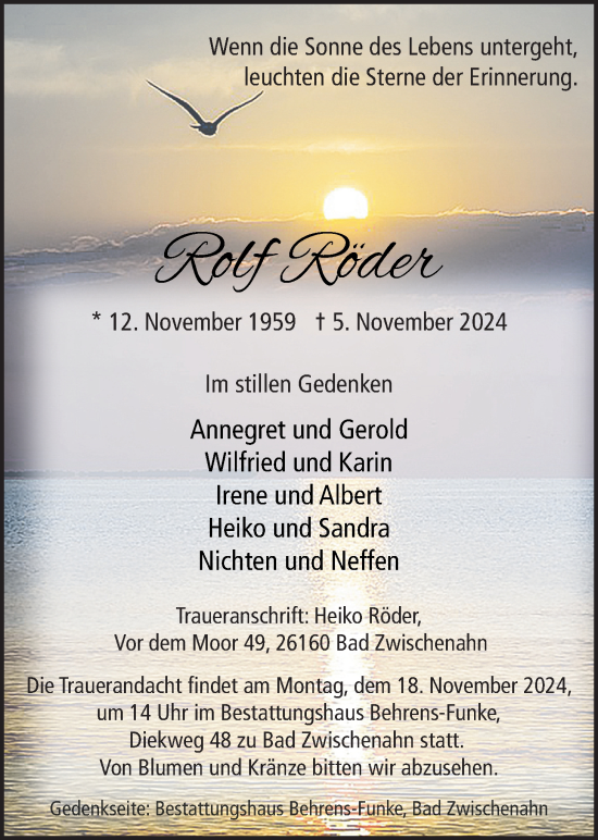 Traueranzeige von Rolf Röder von Nordwest-Zeitung