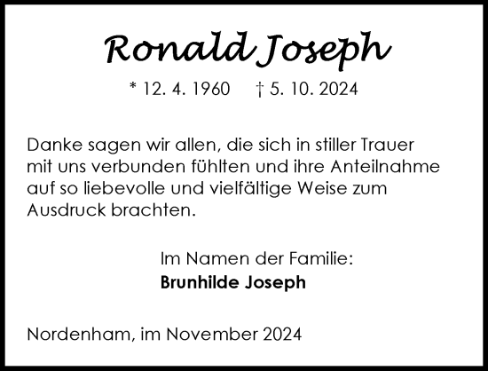 Traueranzeige von Ronald Joseph von Nordwest-Zeitung