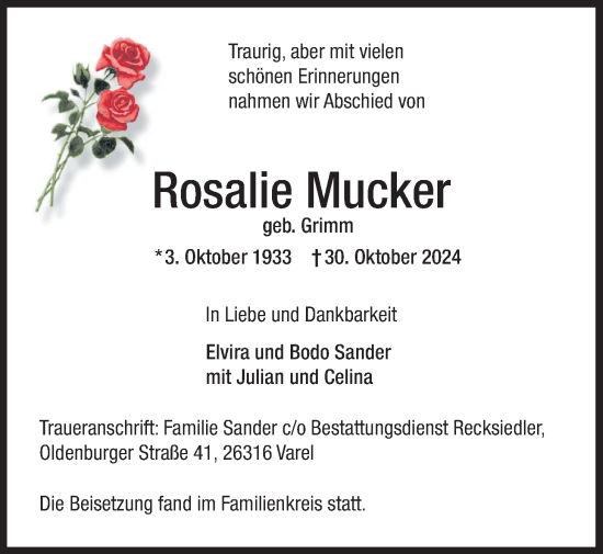 Traueranzeige von Rosalie Mucker von Nordwest-Zeitung