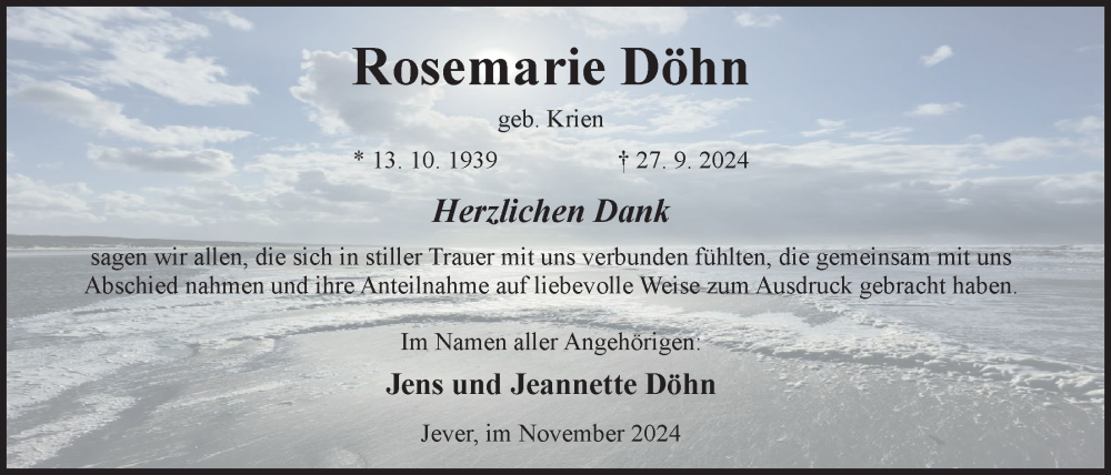  Traueranzeige für Rosemarie Döhn vom 09.11.2024 aus WZ/JW/AH