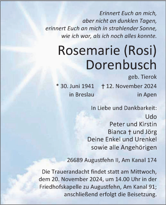 Traueranzeige von Rosemarie Rosi Dorenbusch von Nordwest-Zeitung