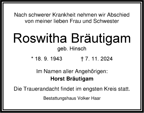 Traueranzeige von Roswitha Bräutigam von WZ/JW/AH