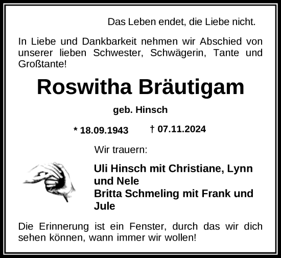 Traueranzeige von Roswitha Bräutigam von Nordwest-Zeitung