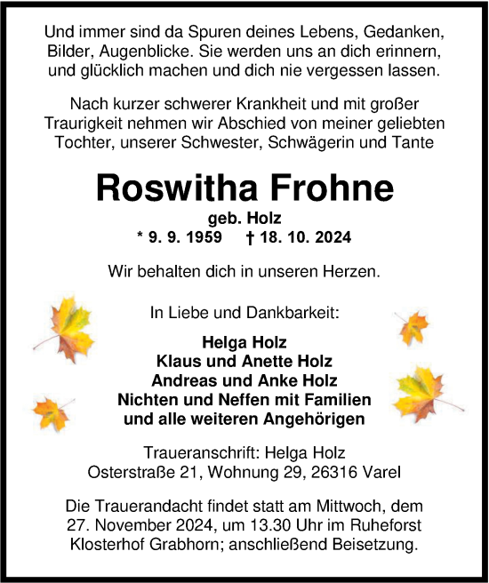 Traueranzeige von Roswitha Frohne von Nordwest-Zeitung