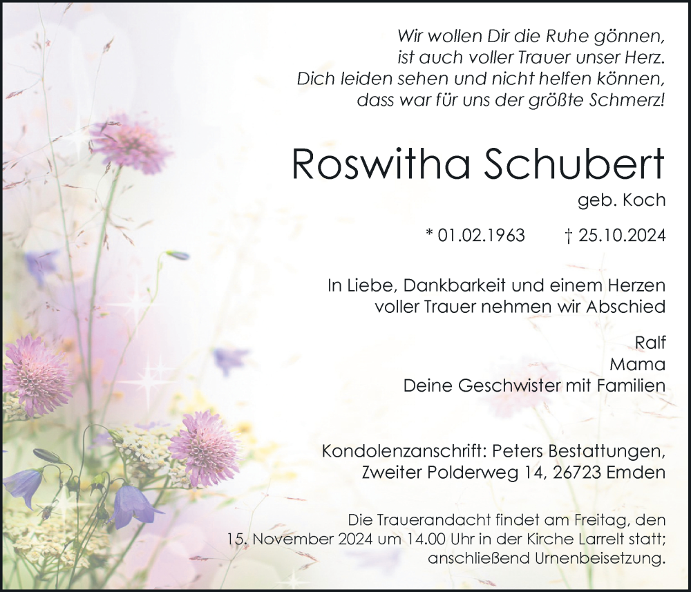  Traueranzeige für Roswitha Schubert vom 02.11.2024 aus Emder Zeitung
