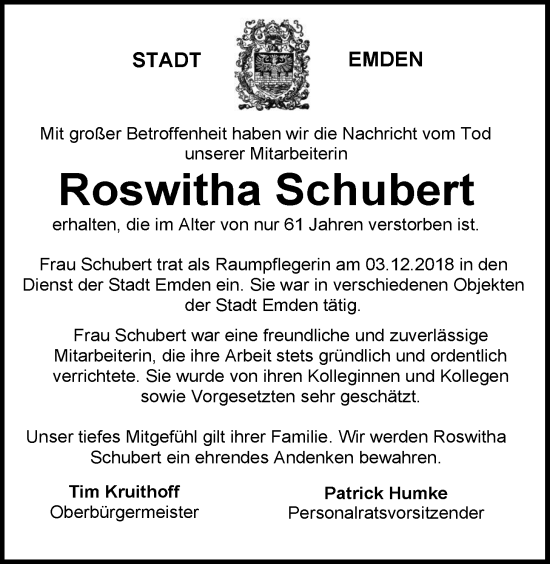 Traueranzeige von Roswitha Schubert von Emder Zeitung