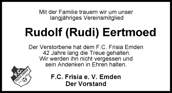 Traueranzeige von Rudolf Eertmoed von Emder Zeitung