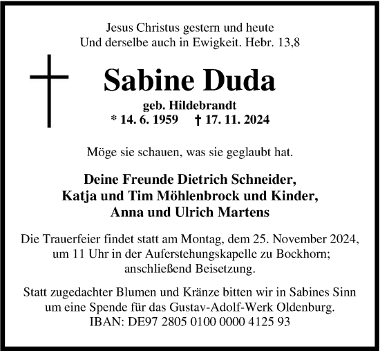 Traueranzeige von Sabine Duda von Nordwest-Zeitung