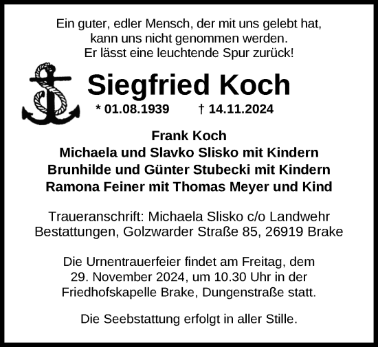 Traueranzeige von Siegfried Koch von Nordwest-Zeitung