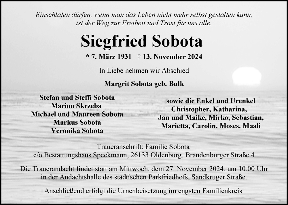 Traueranzeige für Siegfried Sobota vom 23.11.2024 aus Nordwest-Zeitung