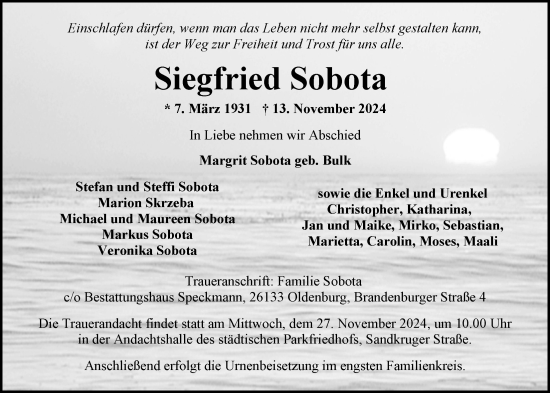 Traueranzeige von Siegfried Sobota von Nordwest-Zeitung