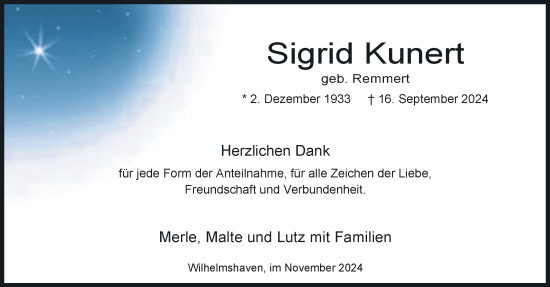 Traueranzeige von Sigrid Kunert von WZ/JW/AH