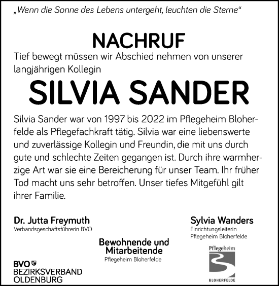 Traueranzeige von Silvia Sander von Nordwest-Zeitung