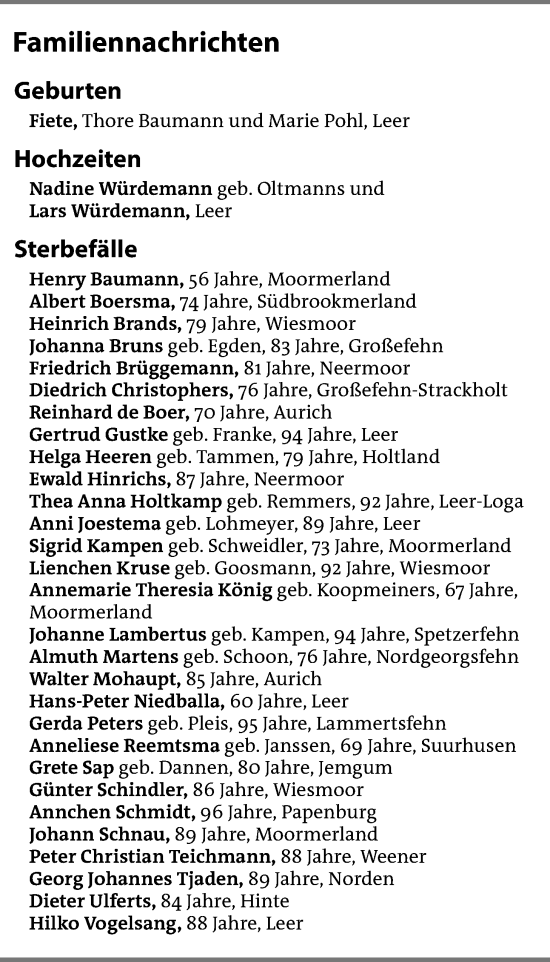 Traueranzeige von Sterbetafel vom 09.11.2024 von Nordwest-Zeitung