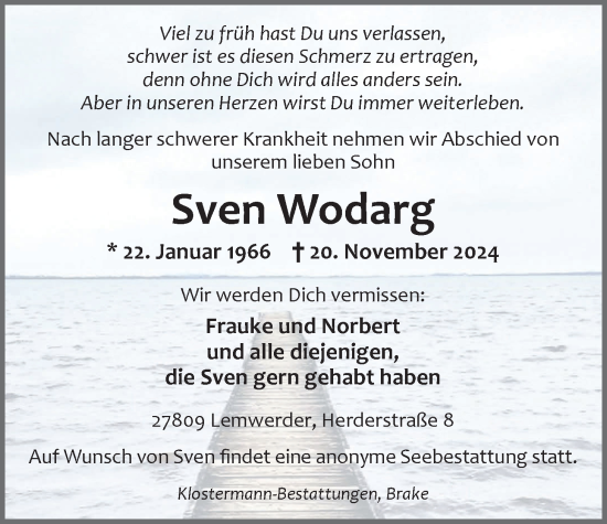 Traueranzeige von Sven Wodarg von Nordwest-Zeitung