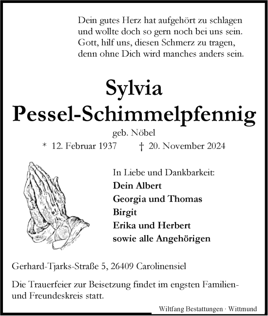 Traueranzeige von Sylvia Pessel-Schimmelpfennig von WZ/JW/AH